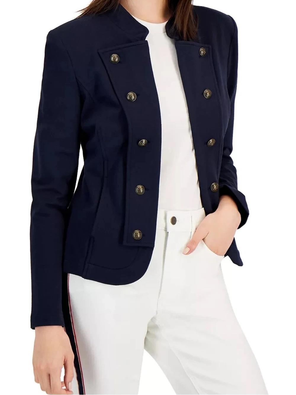 Tommy Hilfiger Navy Blue Military Band Jacket brass button blazer open front XL